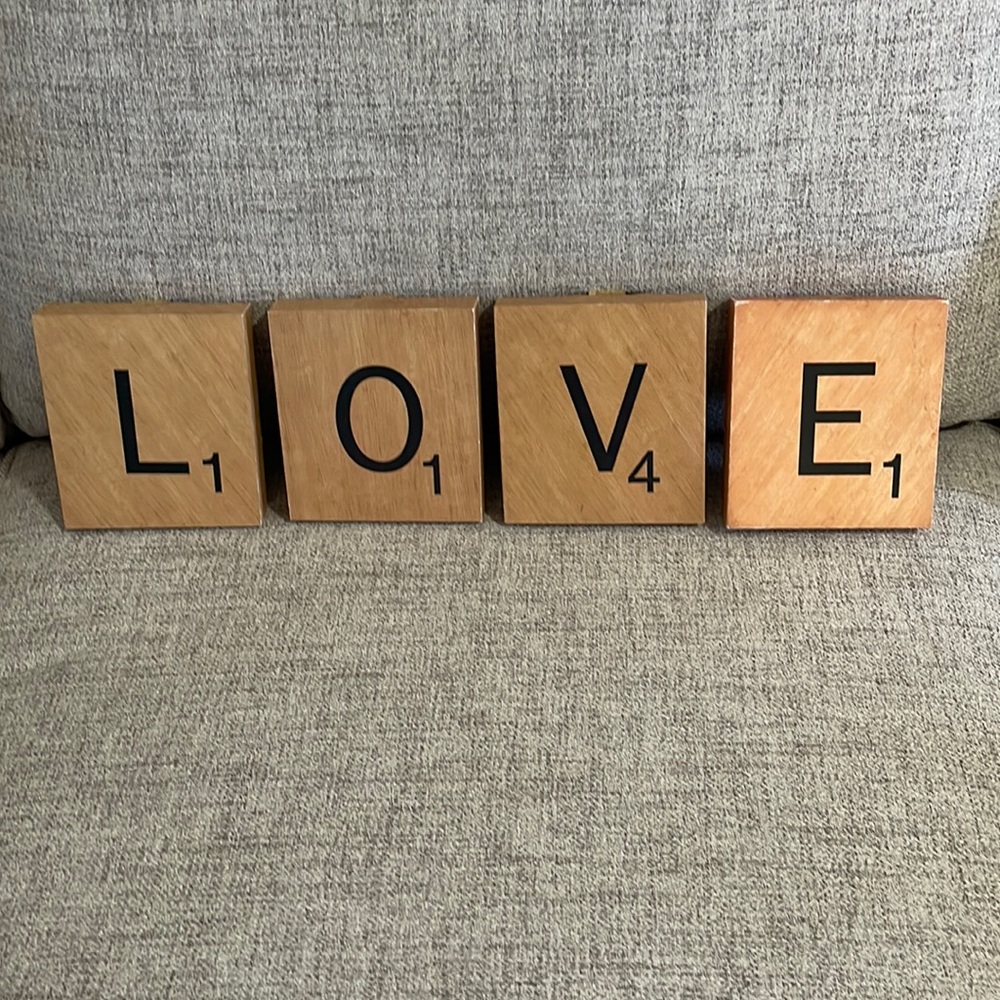 Scrabble Letters, large for hanging on the wall. Never hung, spells LOVE